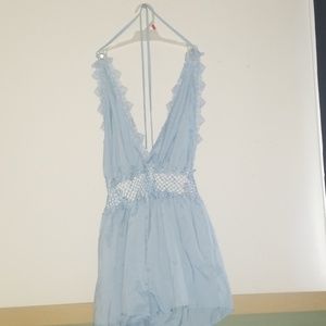 Baby Blue Backless Floral Halter Dress